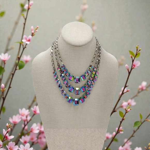 Peacock AB Aurora Borealis Glass Crystal Bead Necklace Vintage Watermelon Color - Picture 4 of 9